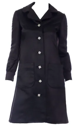 1960s Oscar de la Renta Black Satin Evening Coat w Rhinestone Butons