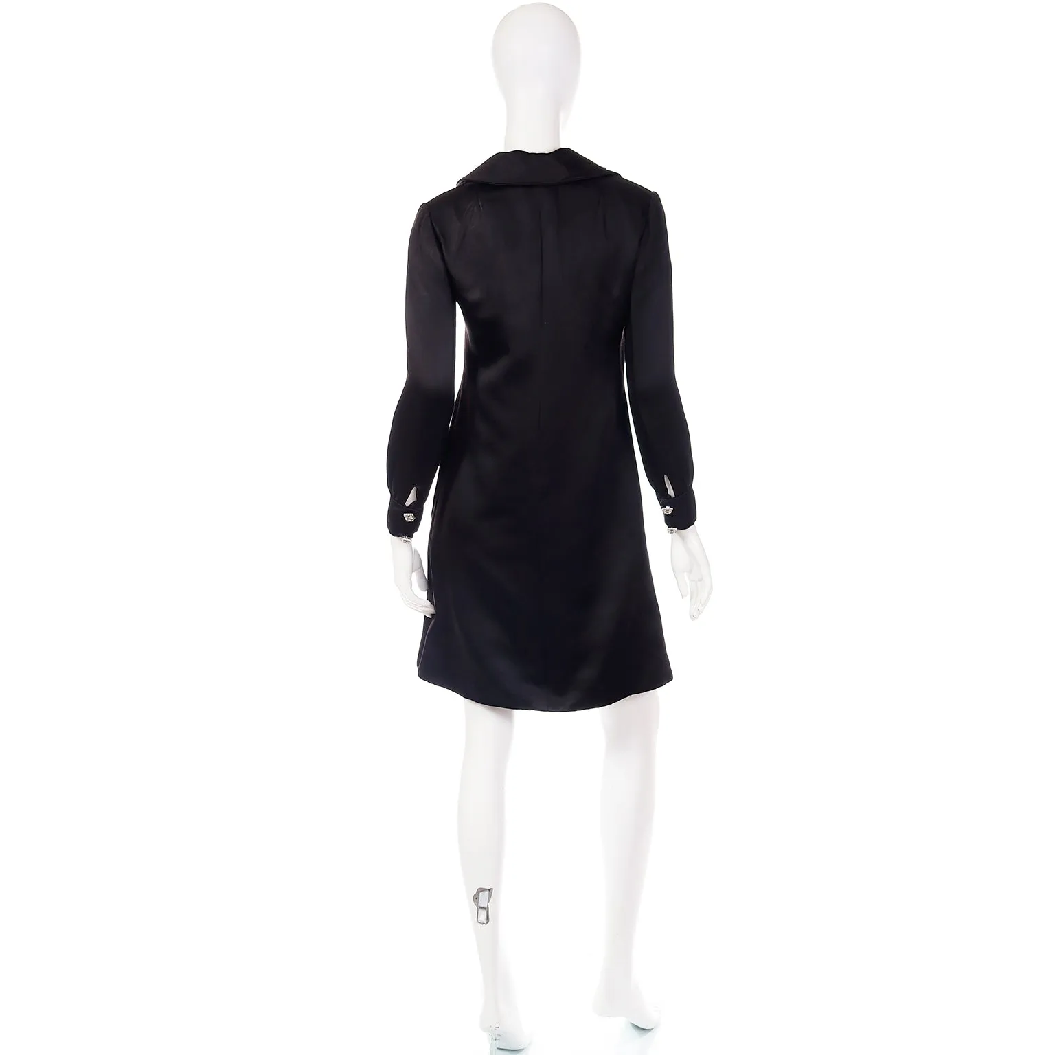 1960s Oscar de la Renta Black Satin Evening Coat w Rhinestone Butons