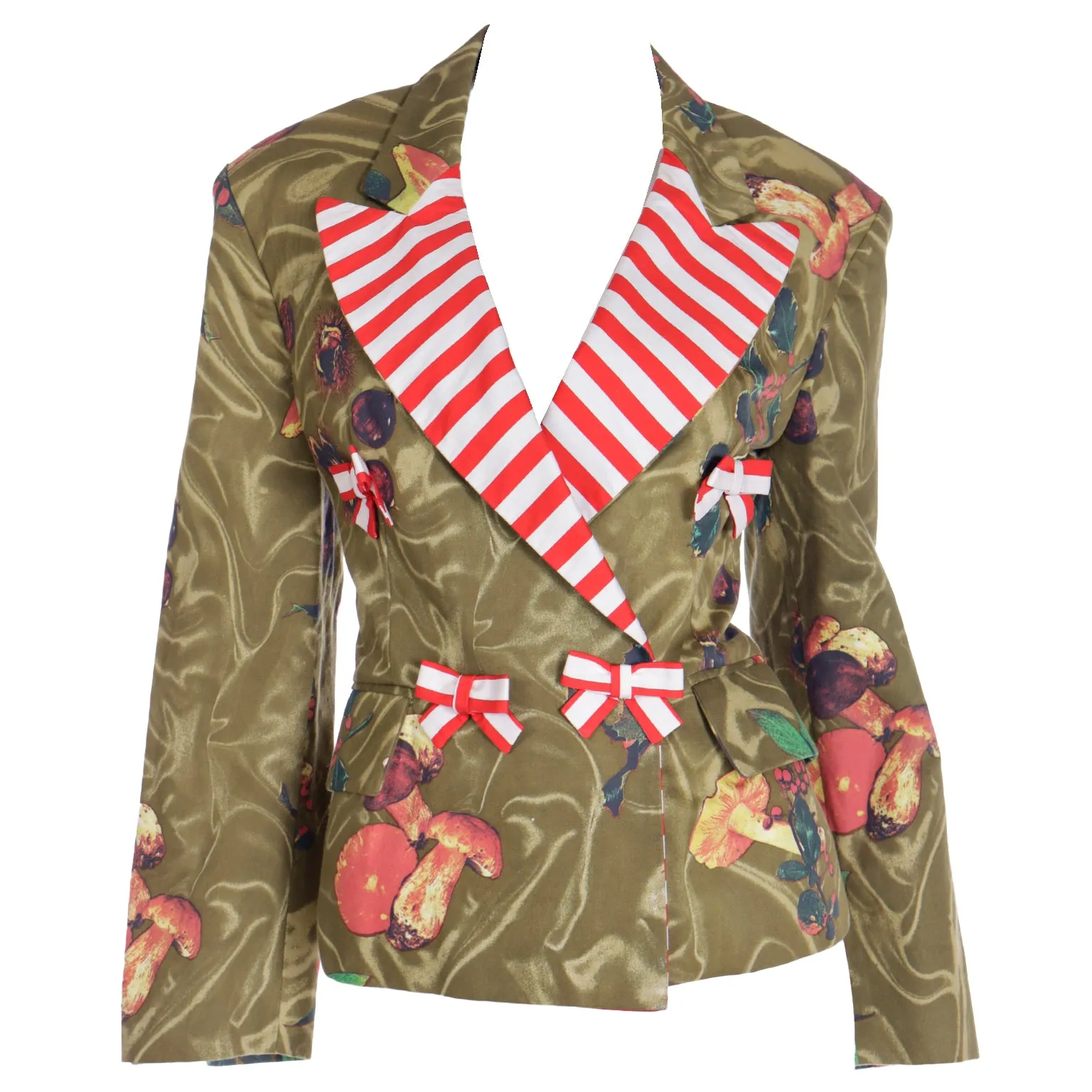 1989 Franco Moschino Colorful Mushroom Print Jacket w Red Striped Bows