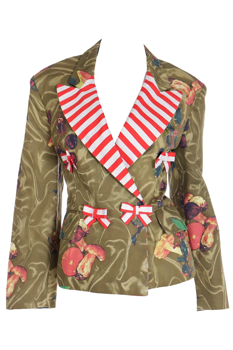 1989 Franco Moschino Colorful Mushroom Print Jacket w Red Striped Bows