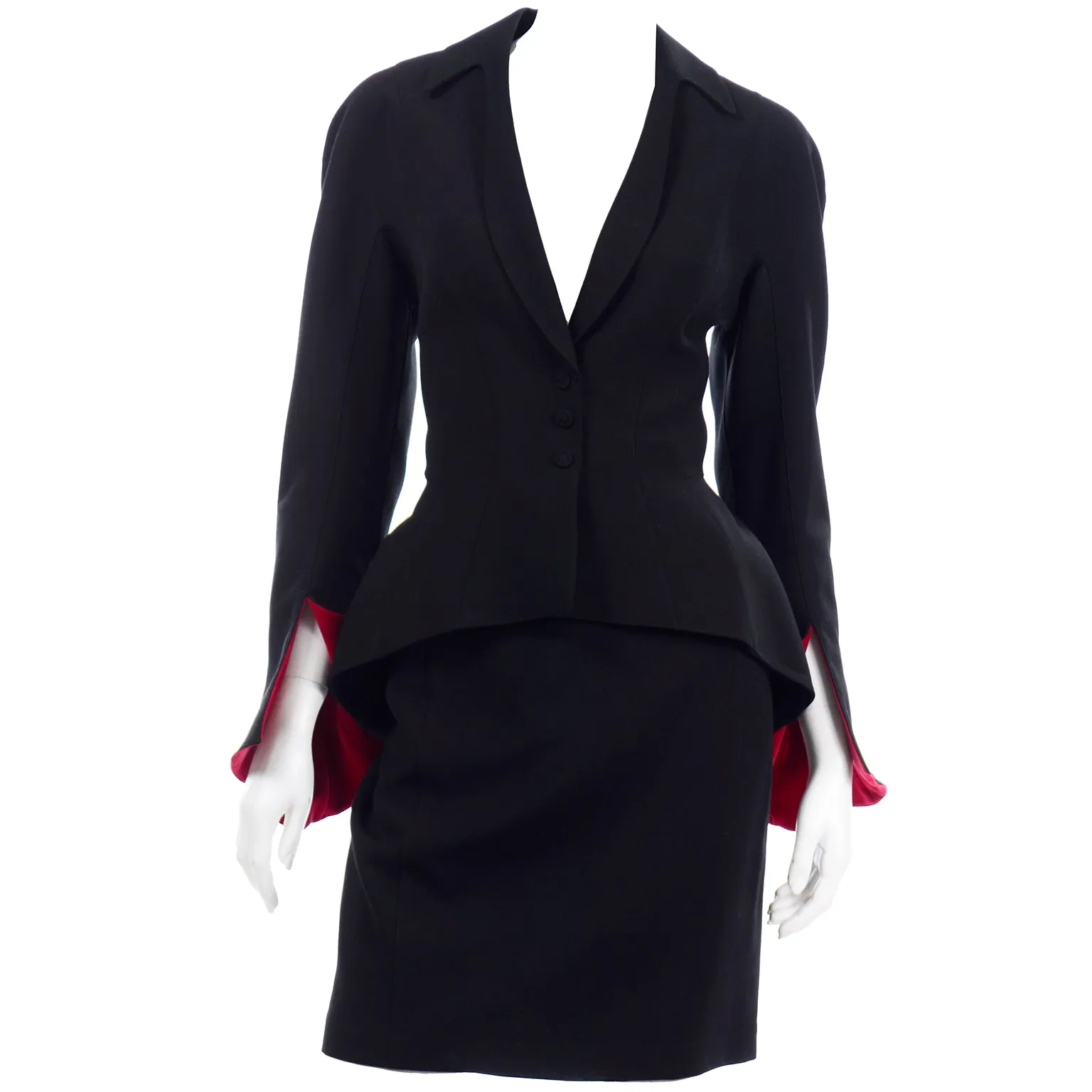 1990s Thierry Mugler Black Skirt Jacket Suit w Red Velvet Trim