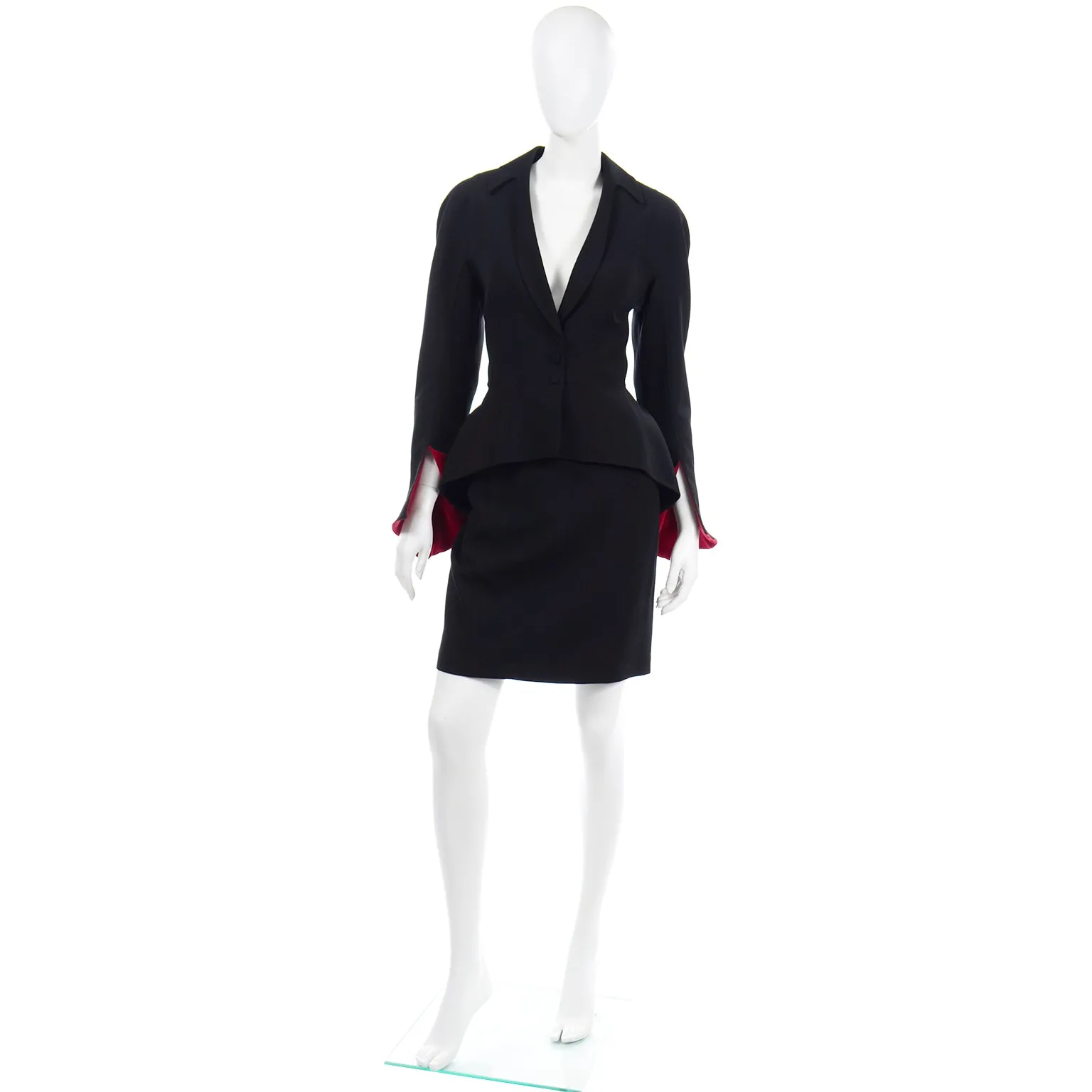 1990s Thierry Mugler Black Skirt Jacket Suit w Red Velvet Trim