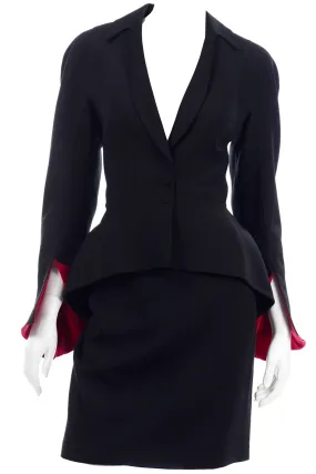 1990s Thierry Mugler Black Skirt Jacket Suit w Red Velvet Trim