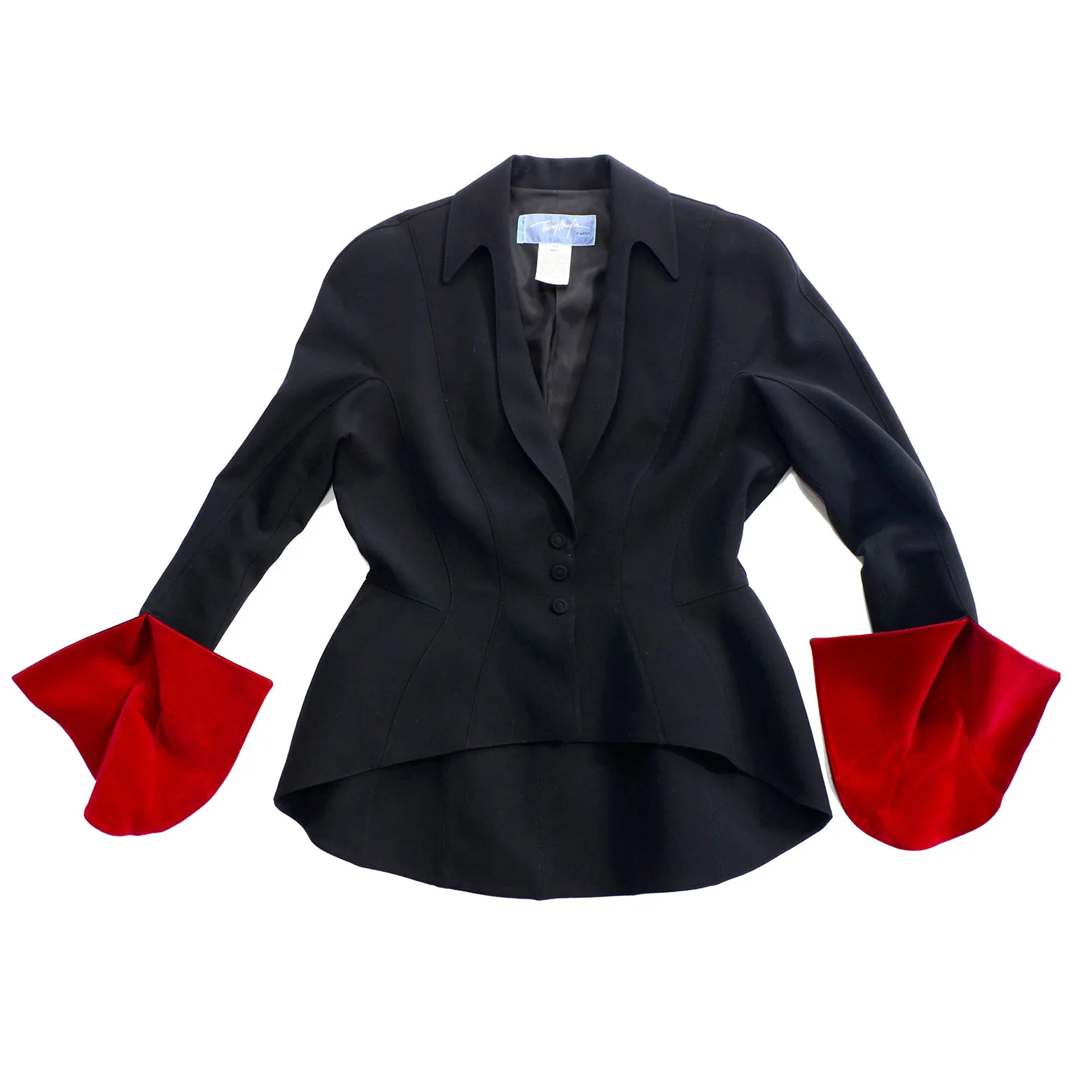 1990s Thierry Mugler Black Skirt Jacket Suit w Red Velvet Trim