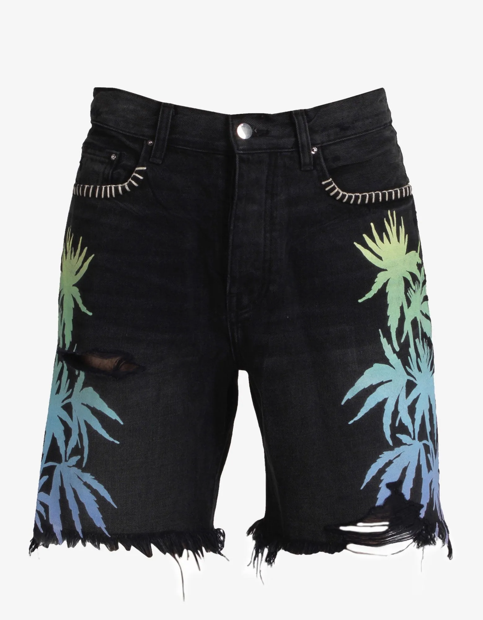 Aged Black Leaves Denim Shorts -