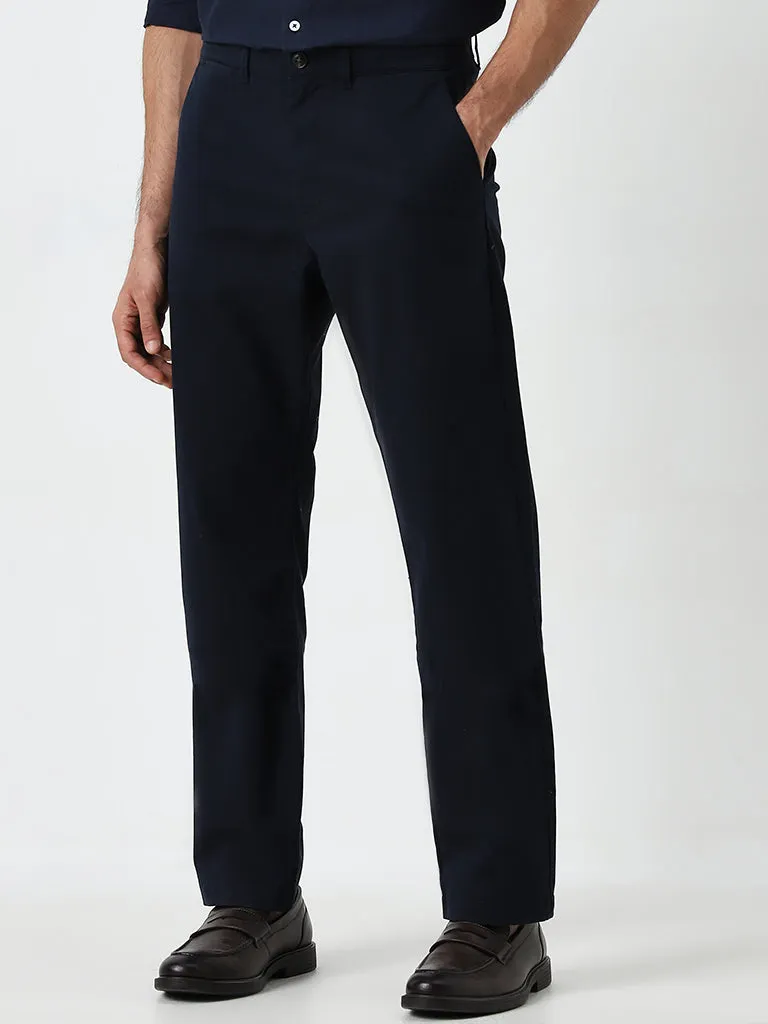 Ascot Navy Solid Relaxed-Fit Mid-Rise Cotton Blend Chinos