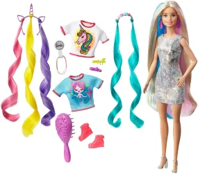 Barbie Fantasy Hair Doll, Blonde, with 2 Decorated Crowns, 2 Tops & Accessories for Mermaid and Unicorn Looks, Plus Hairstyling Pieces