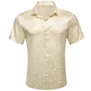 Beige Floral Silk Men's Short Sleeve Shirt