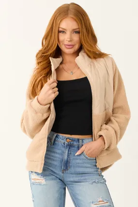 Beige Sherpa Quilted Zip Up Mock Neck Jacket