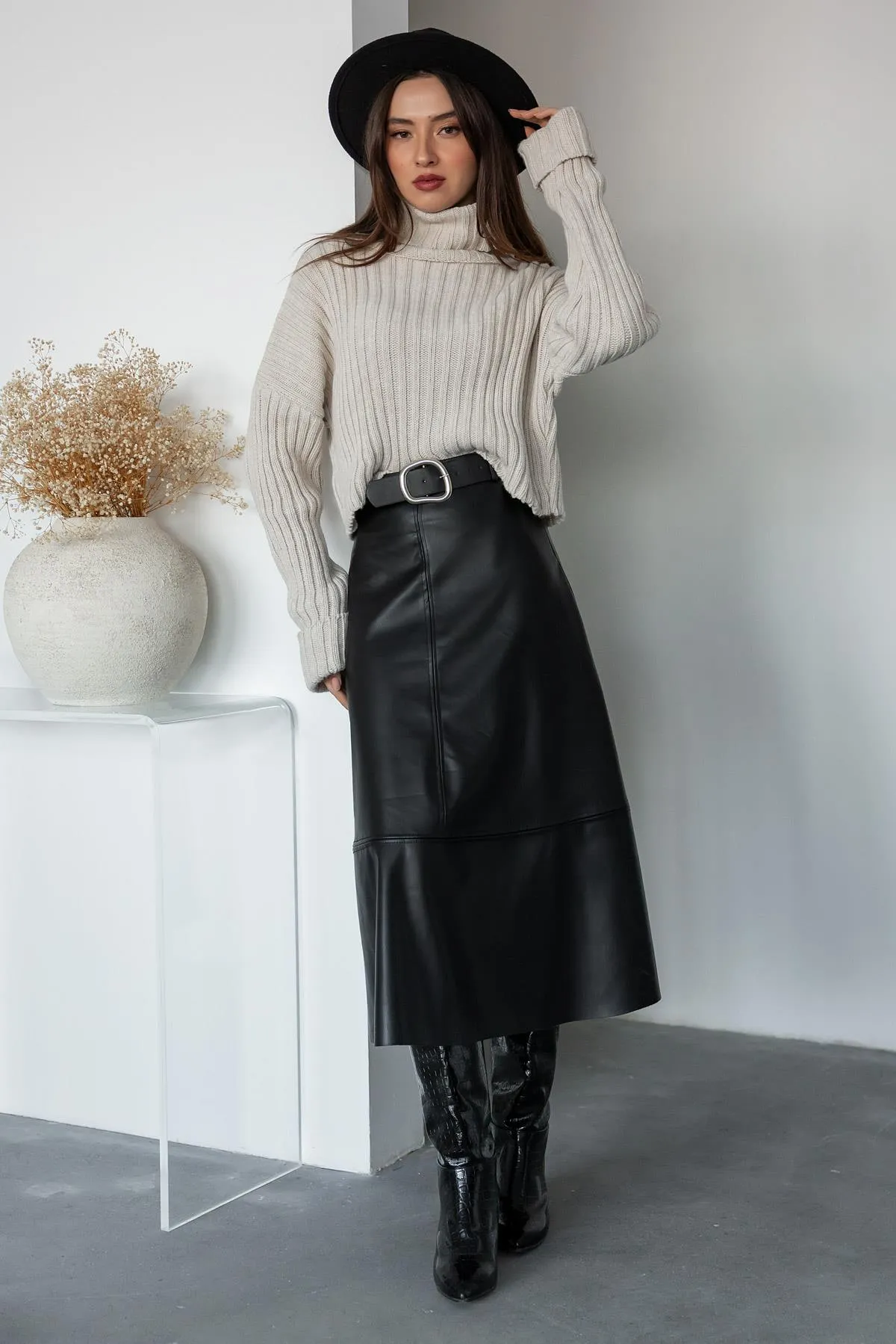 Belted Leather Long Skirt - BLACK