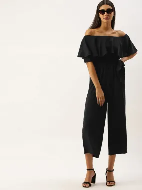 Berrylush Women Solid Black Off Shoulder Culotte Jumpsuit