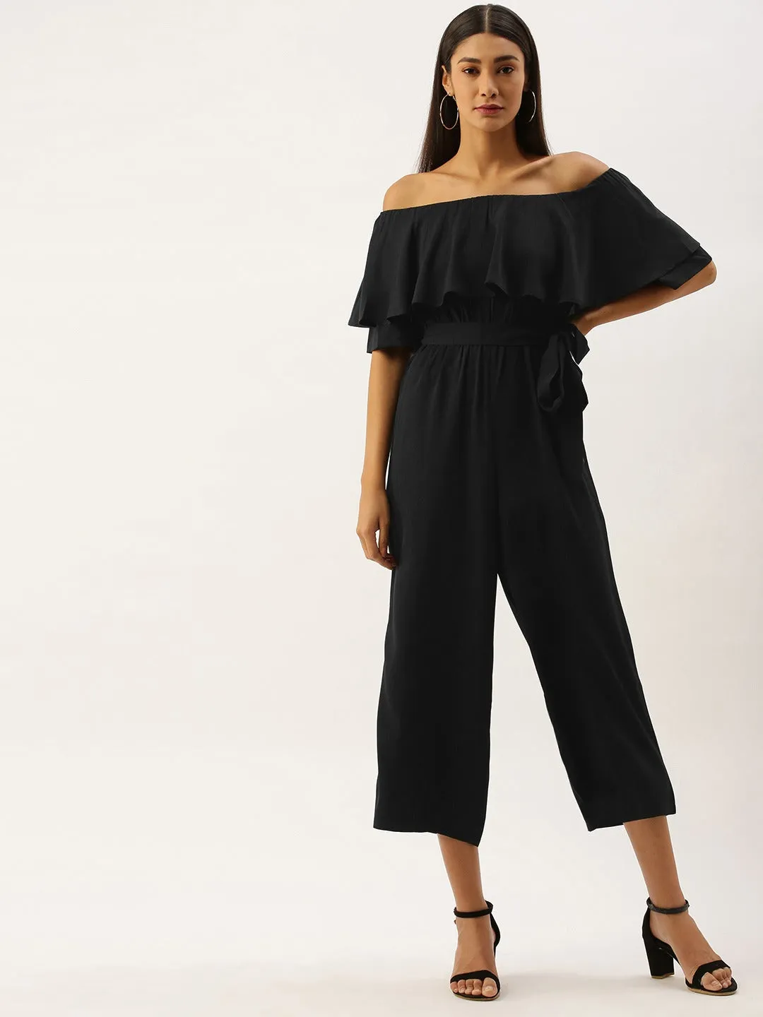 Berrylush Women Solid Black Off Shoulder Culotte Jumpsuit