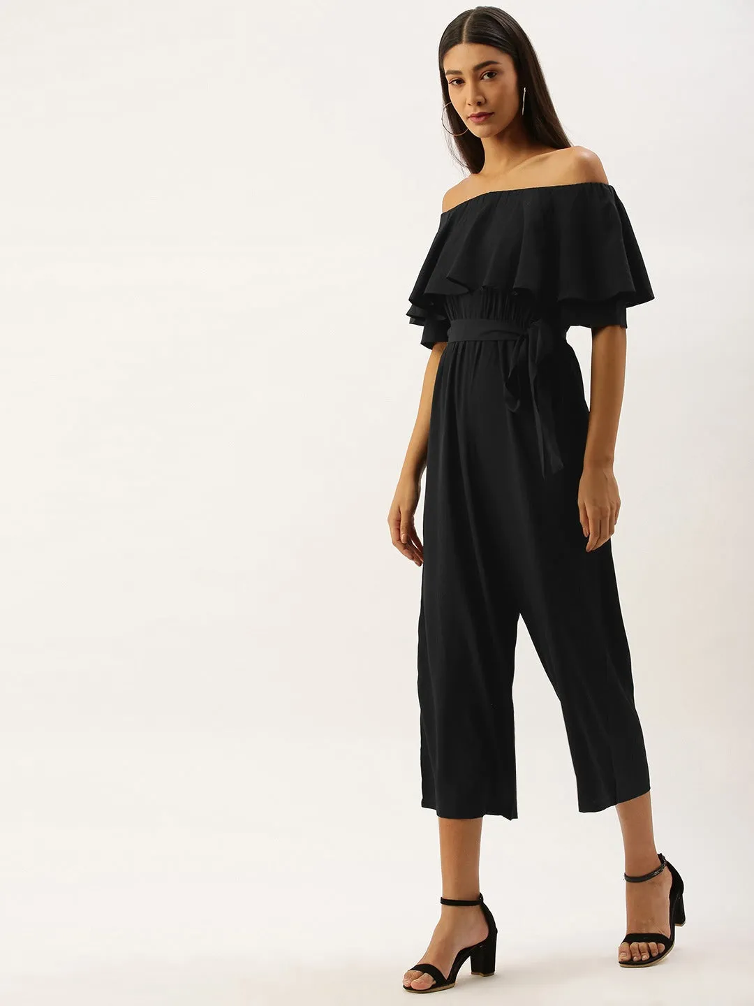 Berrylush Women Solid Black Off Shoulder Culotte Jumpsuit