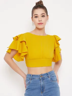 Berrylush Women Solid Yellow Ruffle Sleeves Back Tie Top