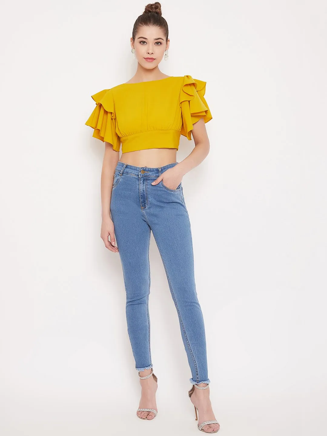 Berrylush Women Solid Yellow Ruffle Sleeves Back Tie Top