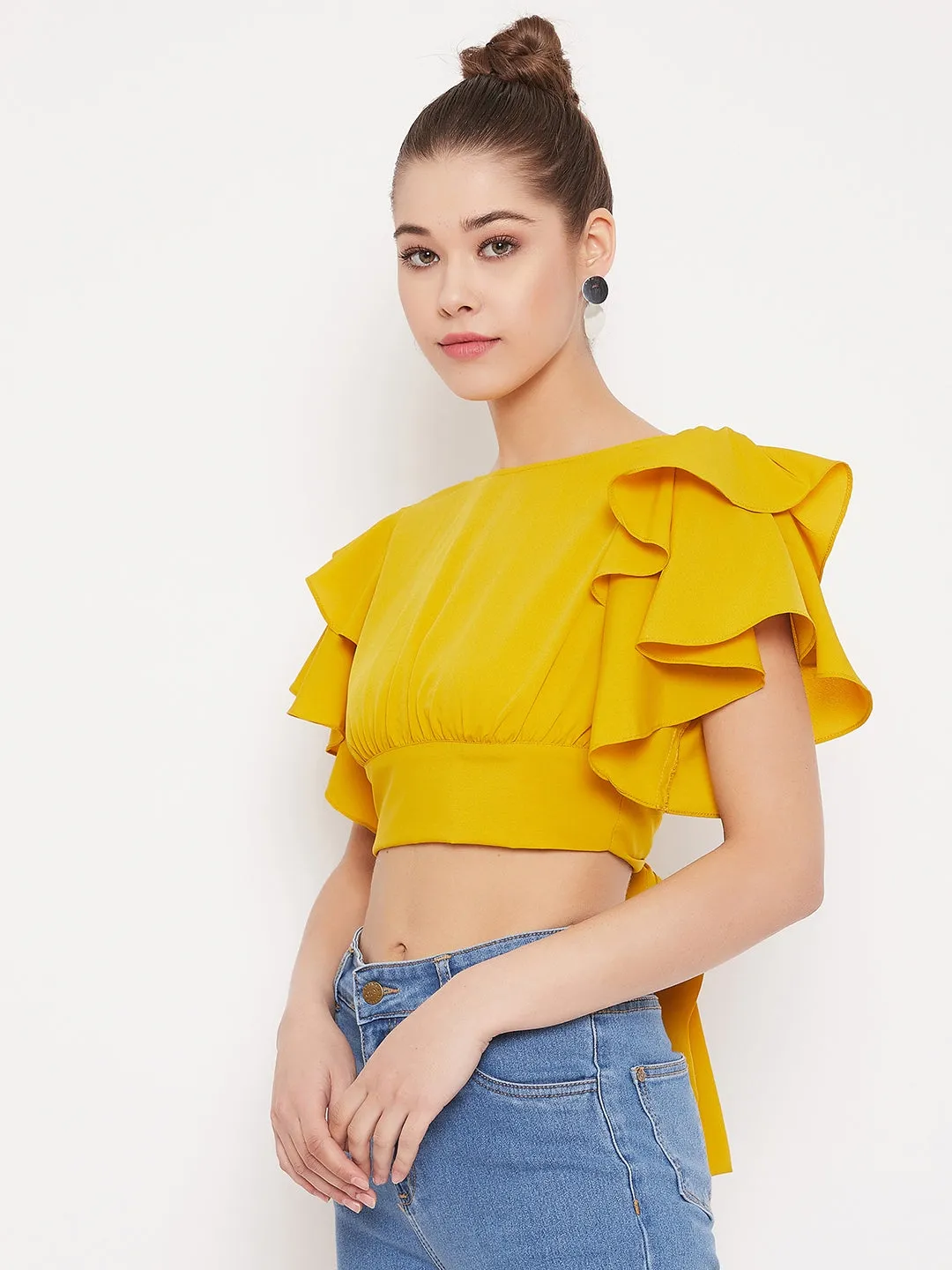 Berrylush Women Solid Yellow Ruffle Sleeves Back Tie Top