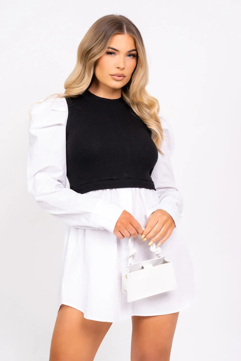 Best Behavior Overlay White and Black Puff Sleeve Shirt Dress