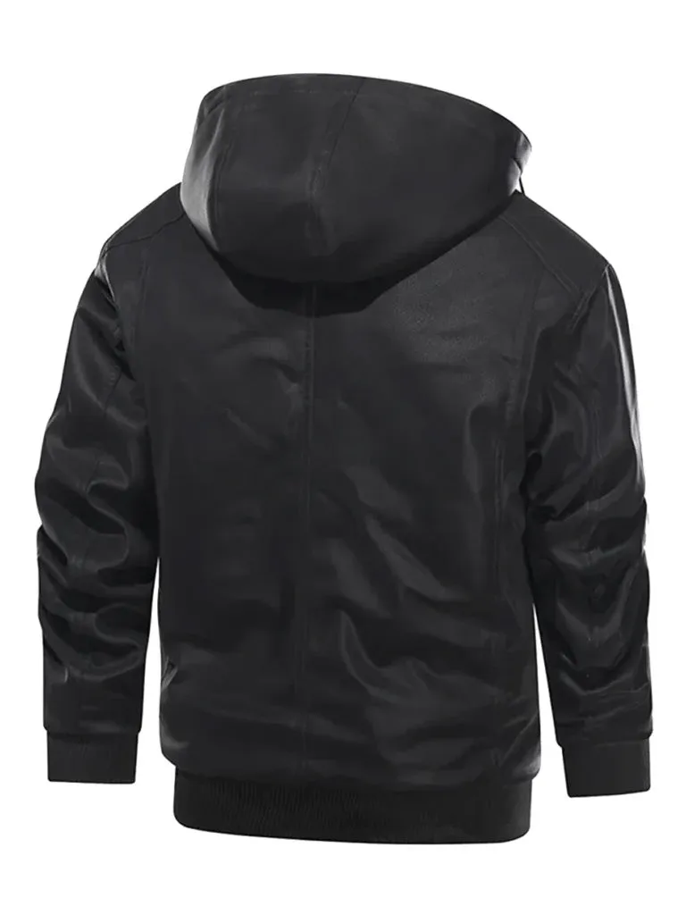 Black Bomber Style Hooded Leather Jacket