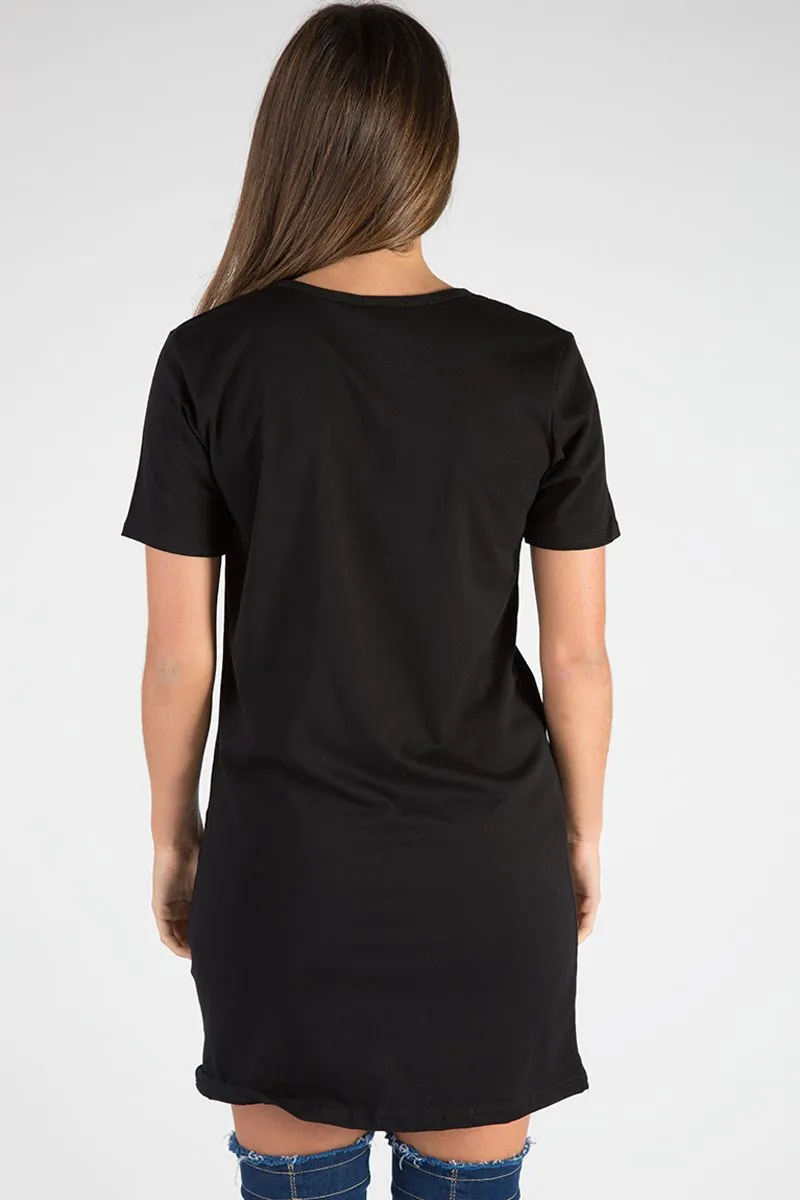 Black Distressed Detail Vintage Design T Shirt Dress - Maisie