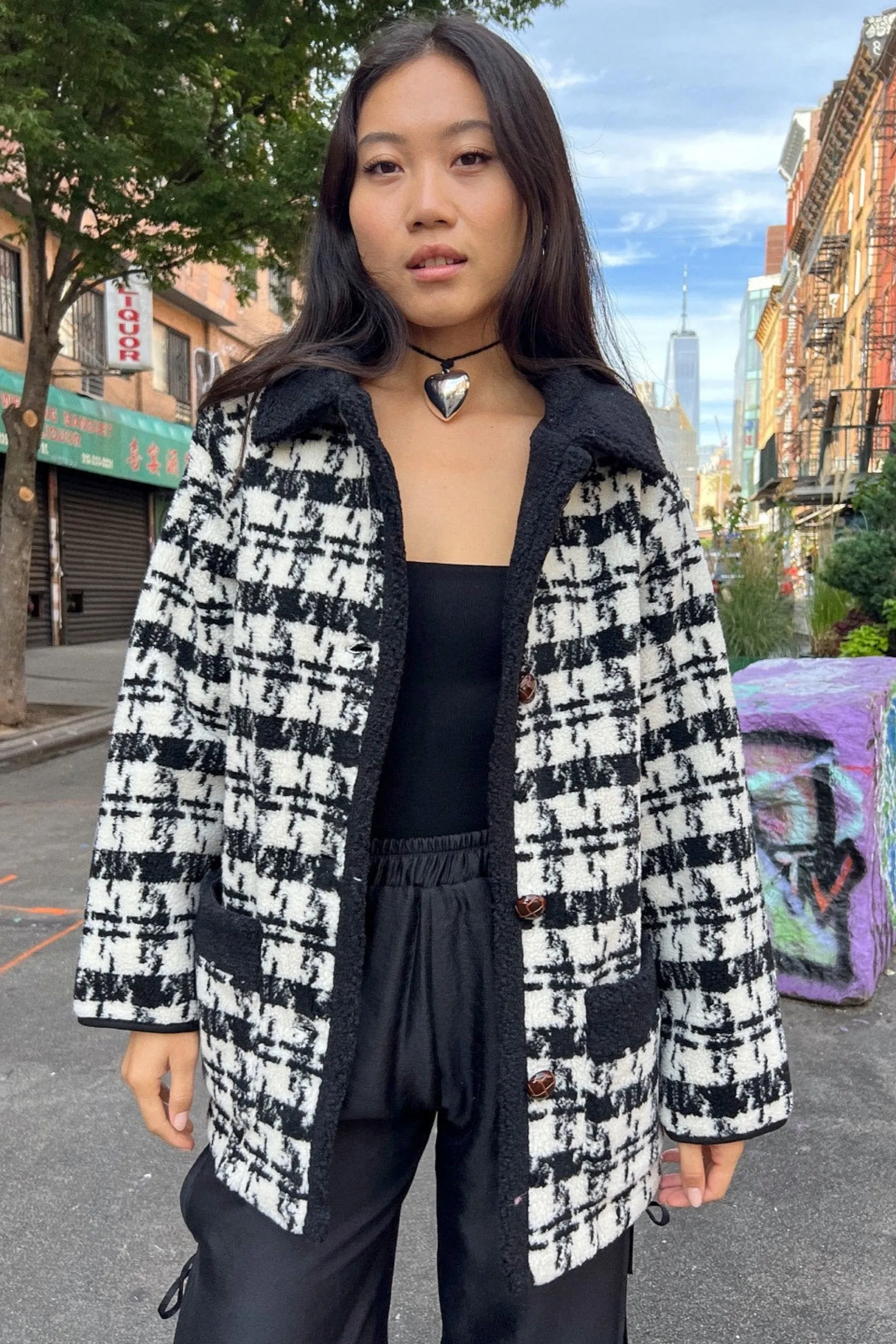 Black Houndstooth Monique Sherpa Jacket