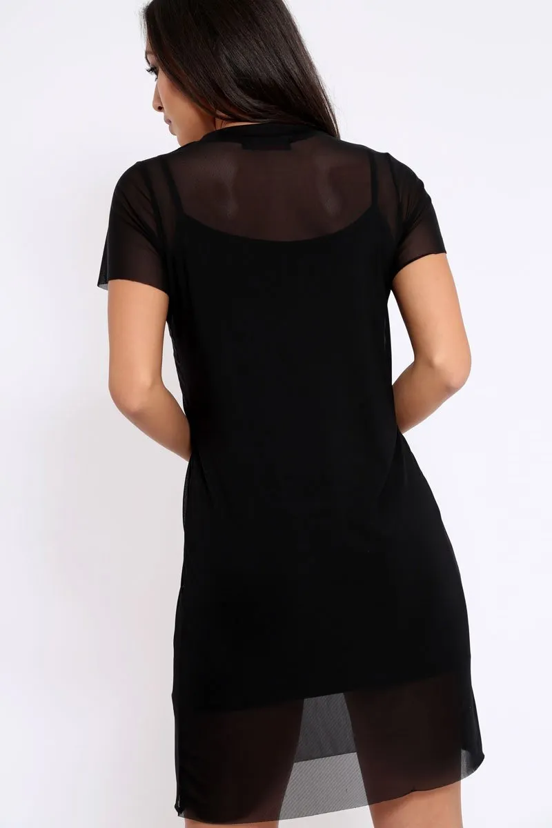 Black Mesh Overlay T-Shirt Dress - Selena