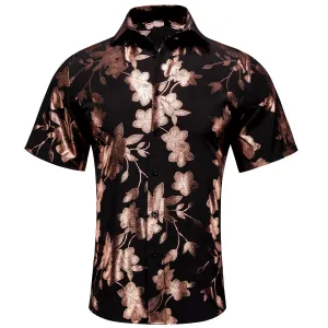 Black Shirt with Pink Floral Silk Men's Short Sleeve Shirt