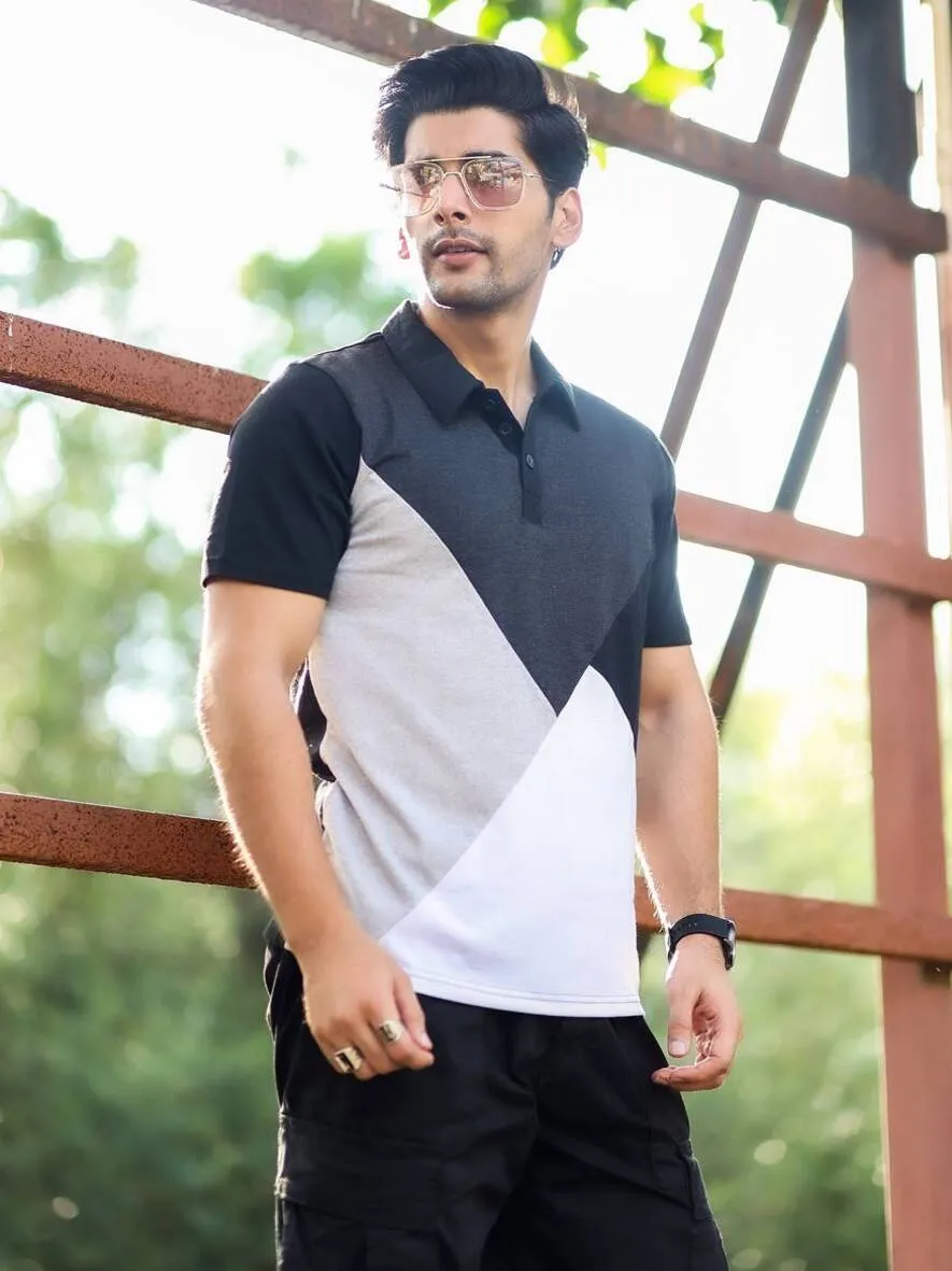 Black/Anthramel/White/Grey Colorblock Half Sleeves Polo