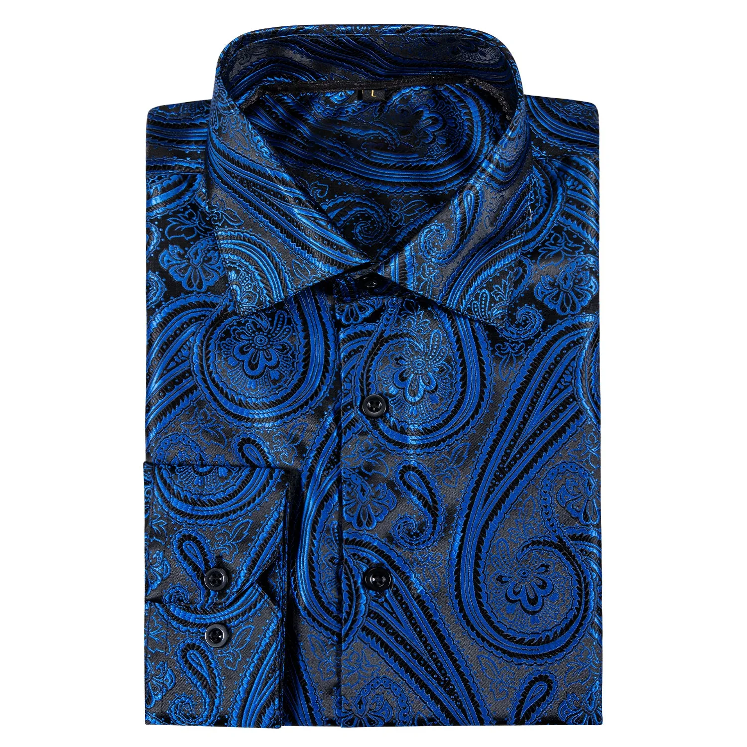 Blue Black Paisley Style Silk Men's Long Sleeve Shirt