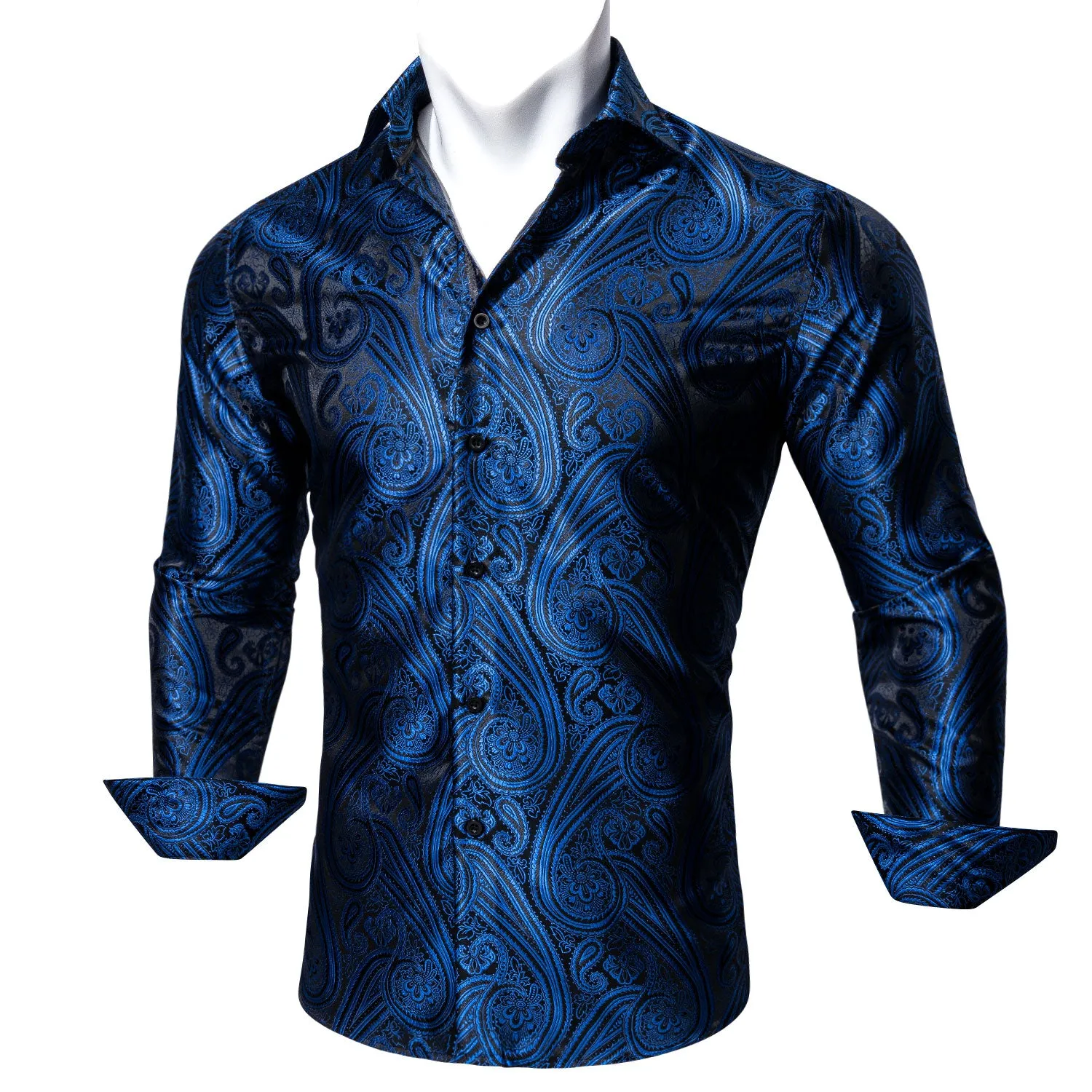 Blue Black Paisley Style Silk Men's Long Sleeve Shirt