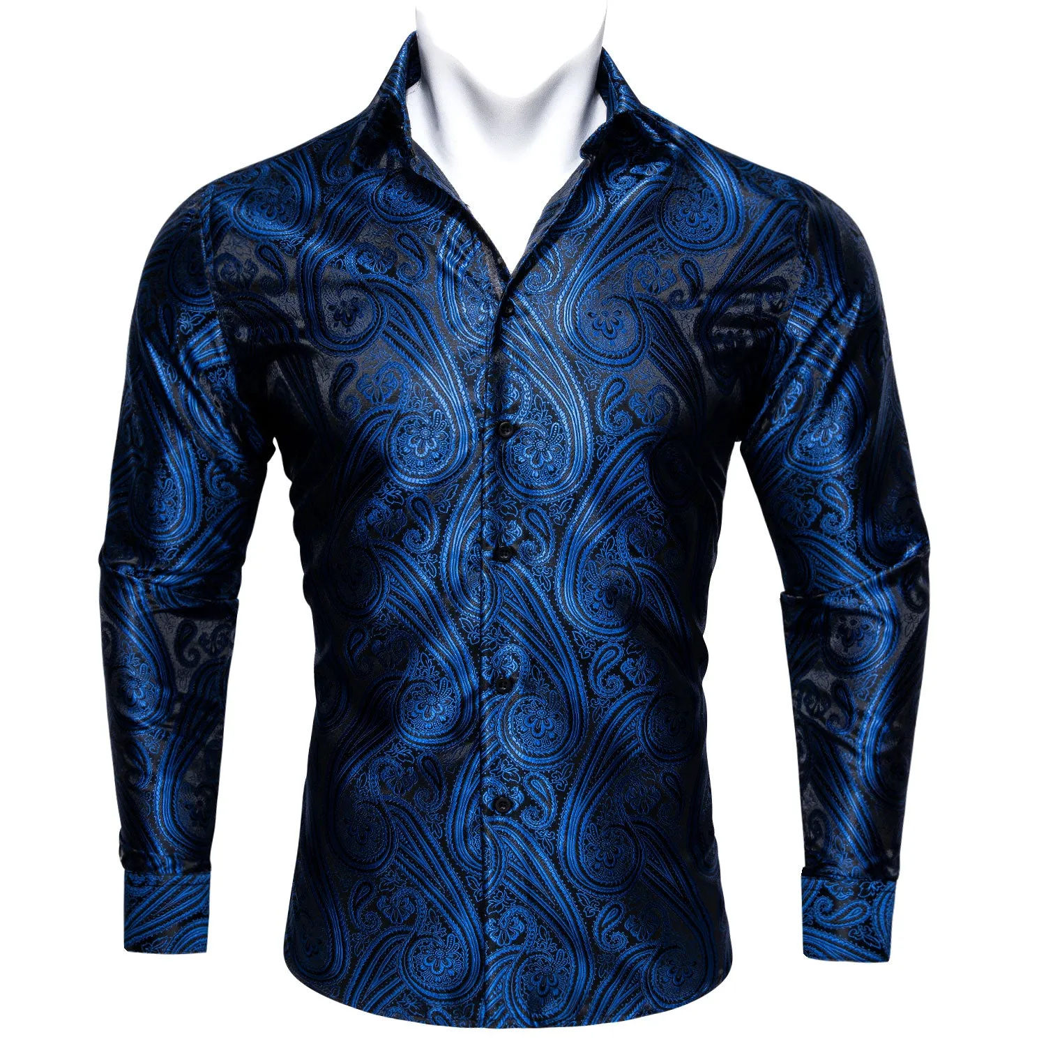 Blue Black Paisley Style Silk Men's Long Sleeve Shirt