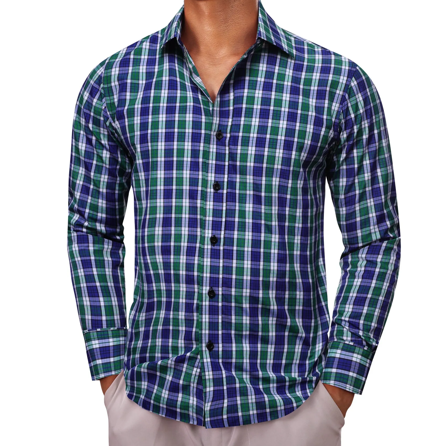 Blue Green Solid Men's Long Sleeve Work Shirt