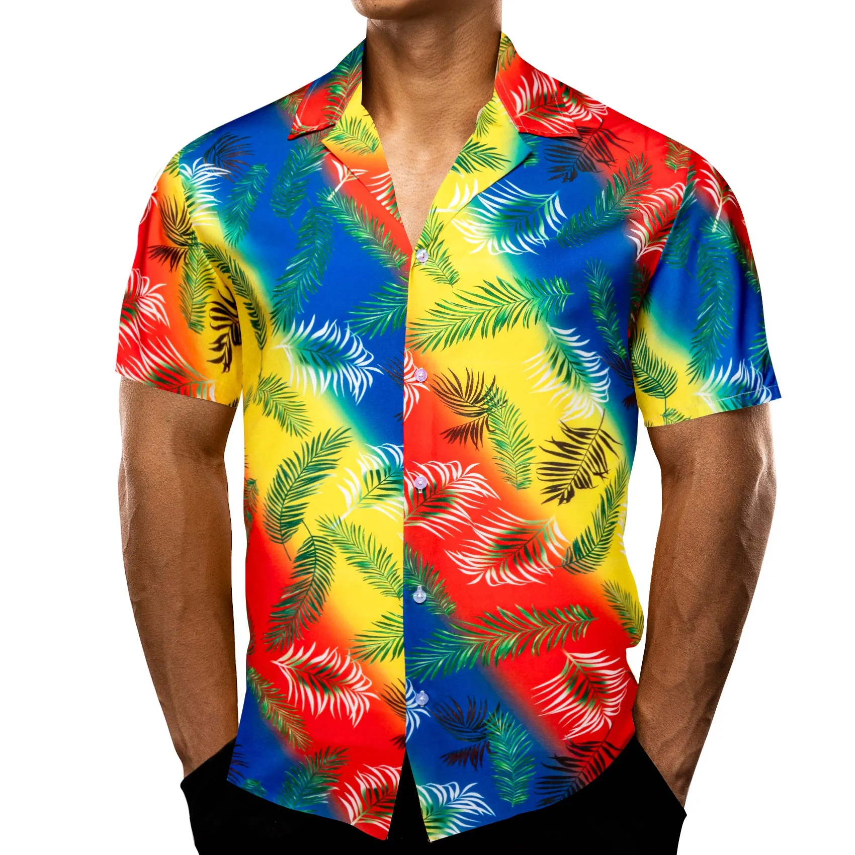 Blue Yellow Red Striped Floral Men's Short Sleeve Summer Shirt