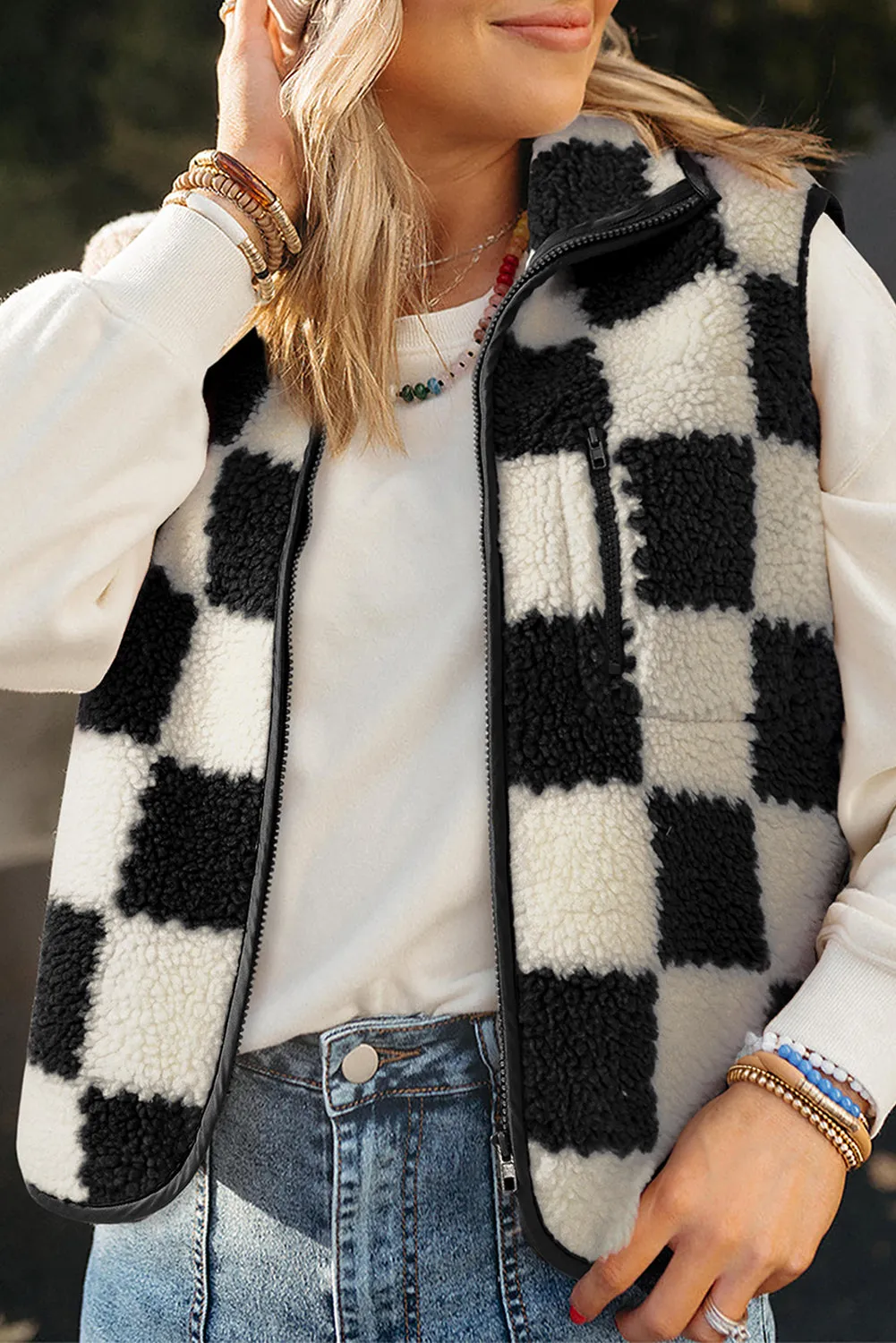 Blue Zone Planet |  Black Checkered Sherpa Collared Jacket Vest