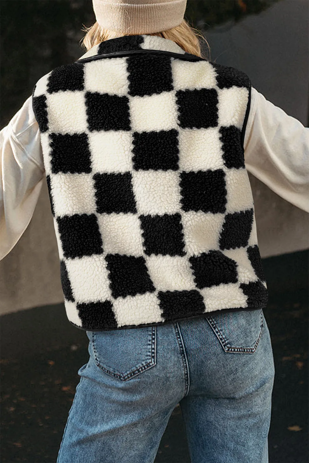 Blue Zone Planet |  Black Checkered Sherpa Collared Jacket Vest