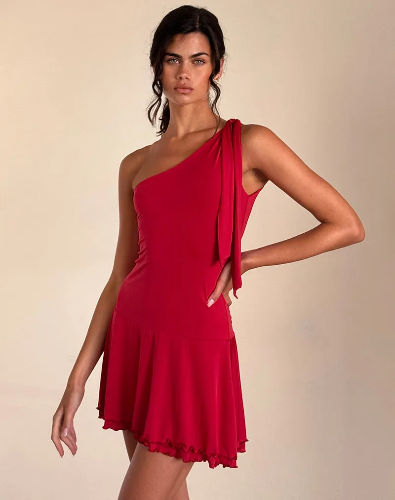 Boone One Shoulder Mini Dress in Slinky Red