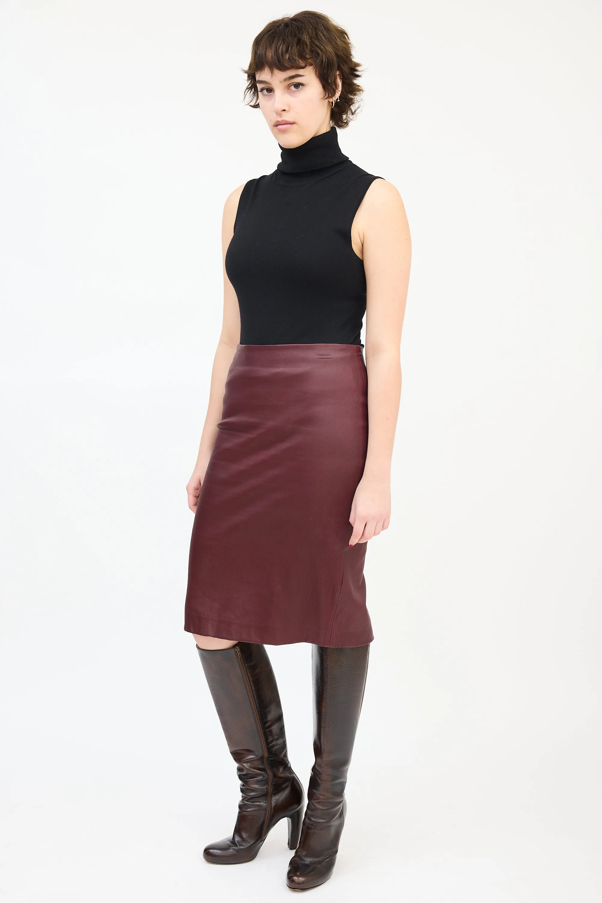 Burgundy Leather Midi Pencil Skirt