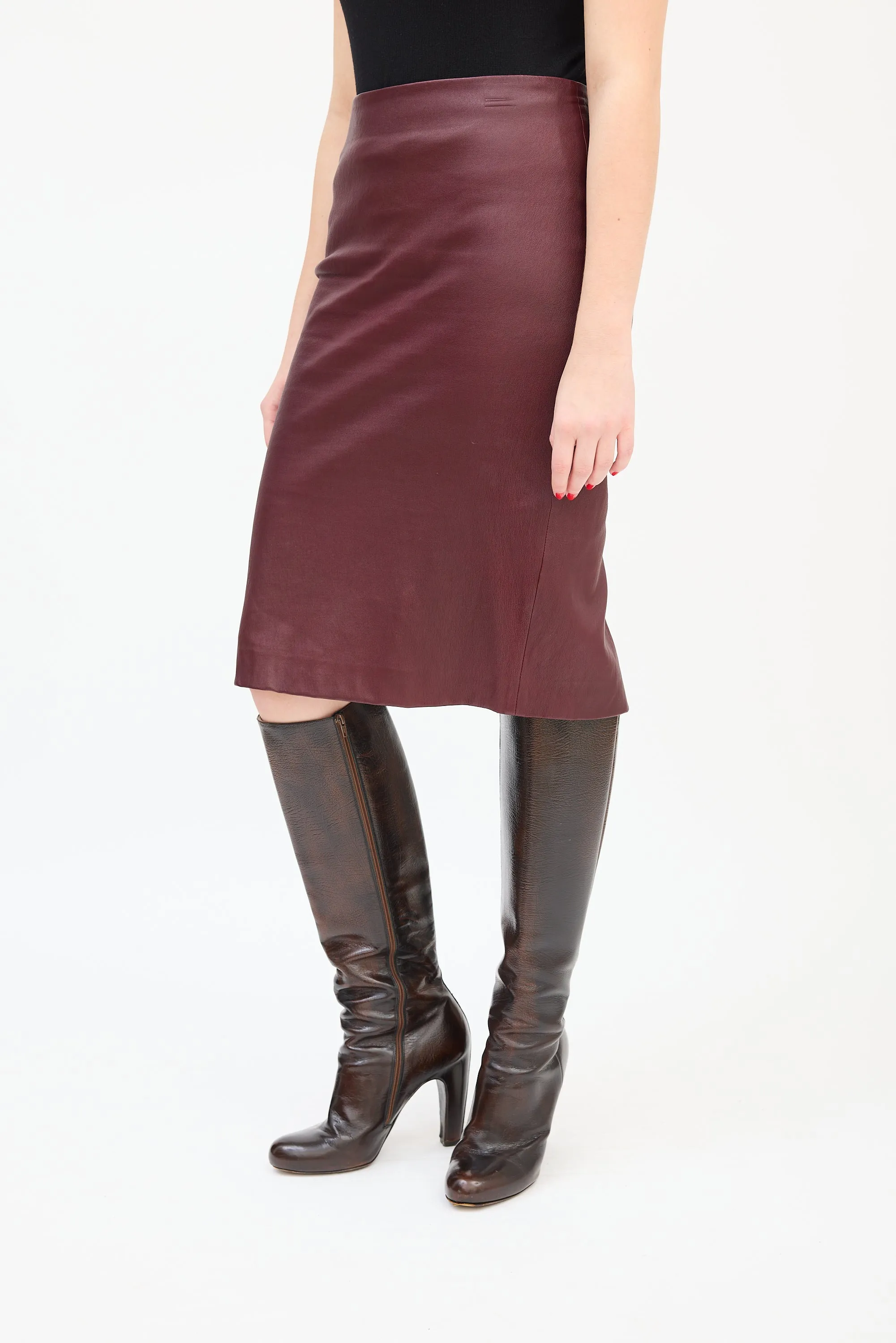 Burgundy Leather Midi Pencil Skirt