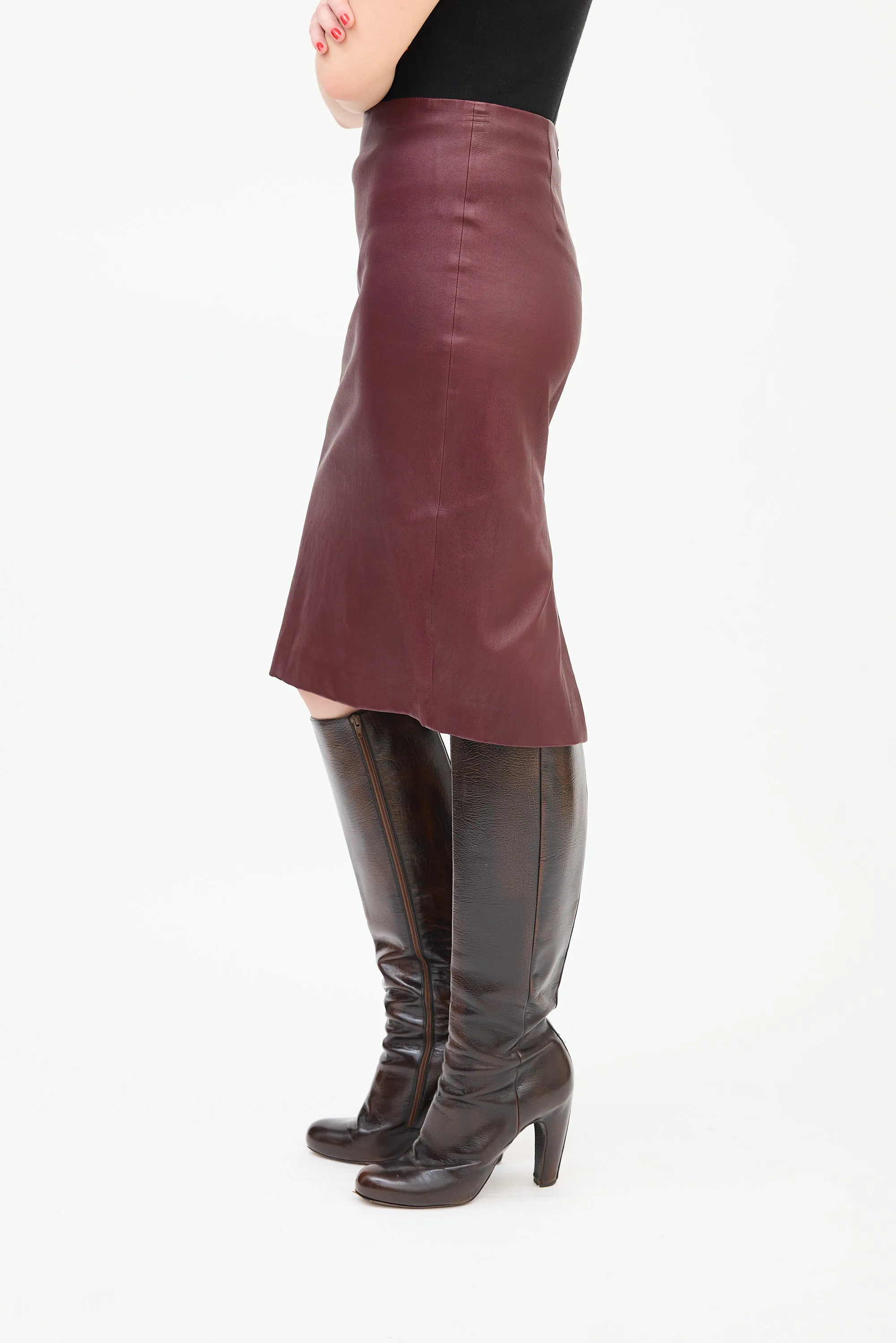 Burgundy Leather Midi Pencil Skirt