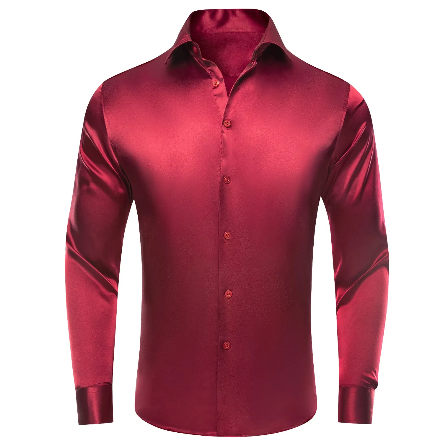 Burgundy Red Solid Satin Silk Men's Long Sleeve Business Shirt