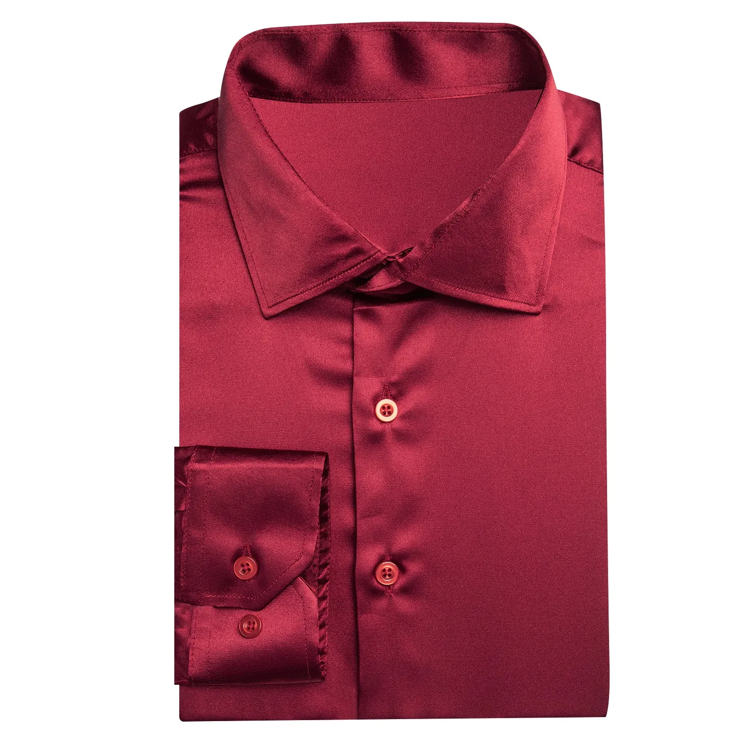 Burgundy Red Solid Satin Silk Men's Long Sleeve Business Shirt