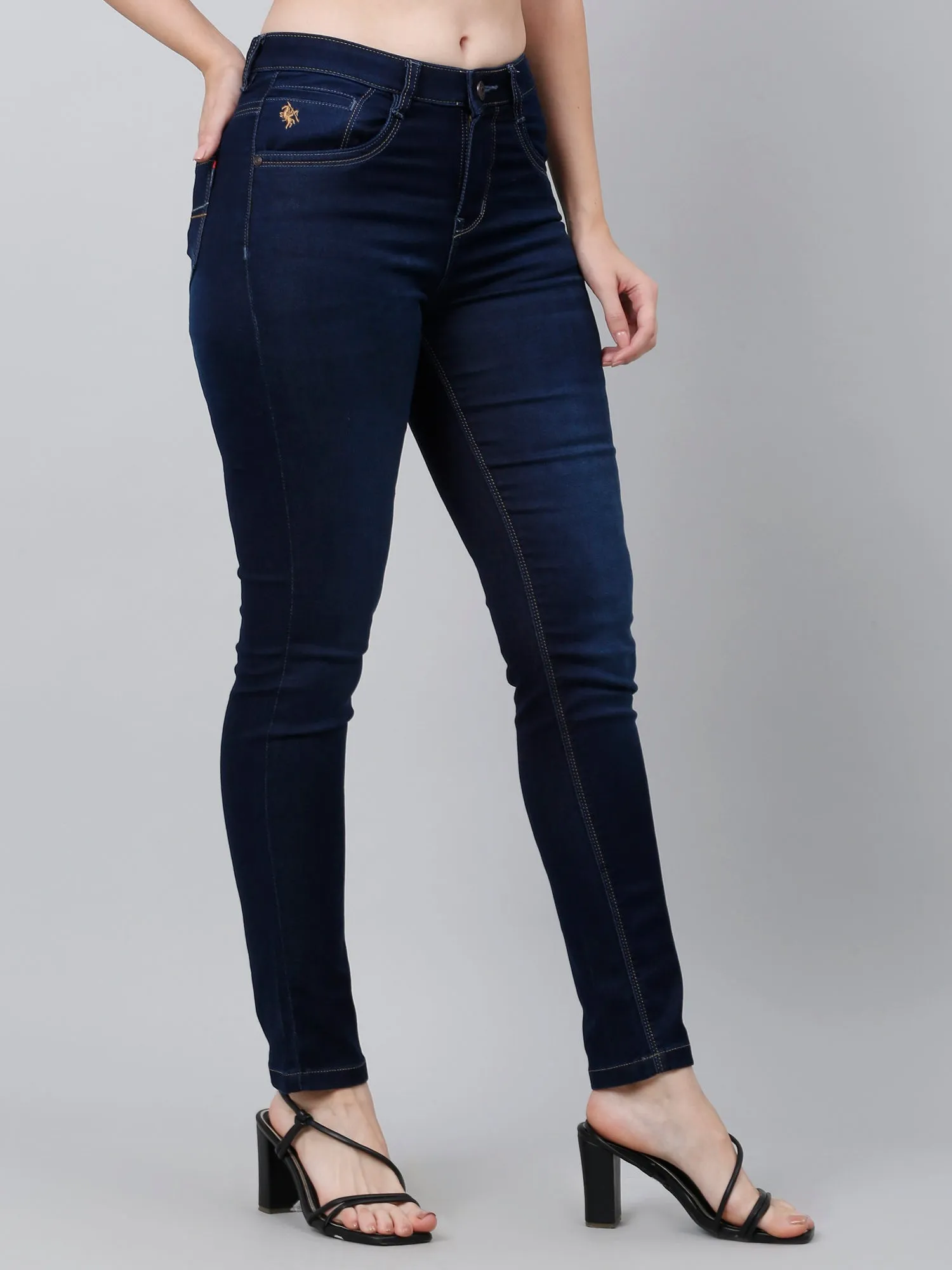 Cantabil Blue Solid Cotton Denim Flat Front Straight Fit Mid Rise Full Length Regular Fit Casual Jeans For Women