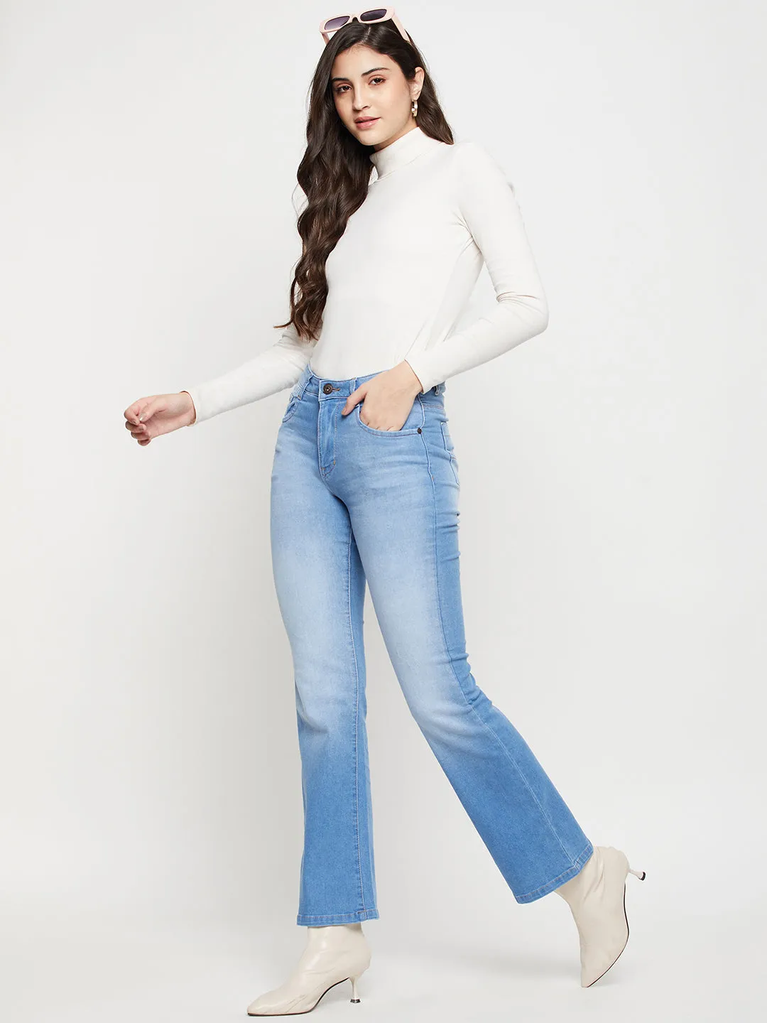 Cantabil Blue Solid Denim Flat Front Boot Cut High Rise Full Length Regular Fit Casual Jeans For Women