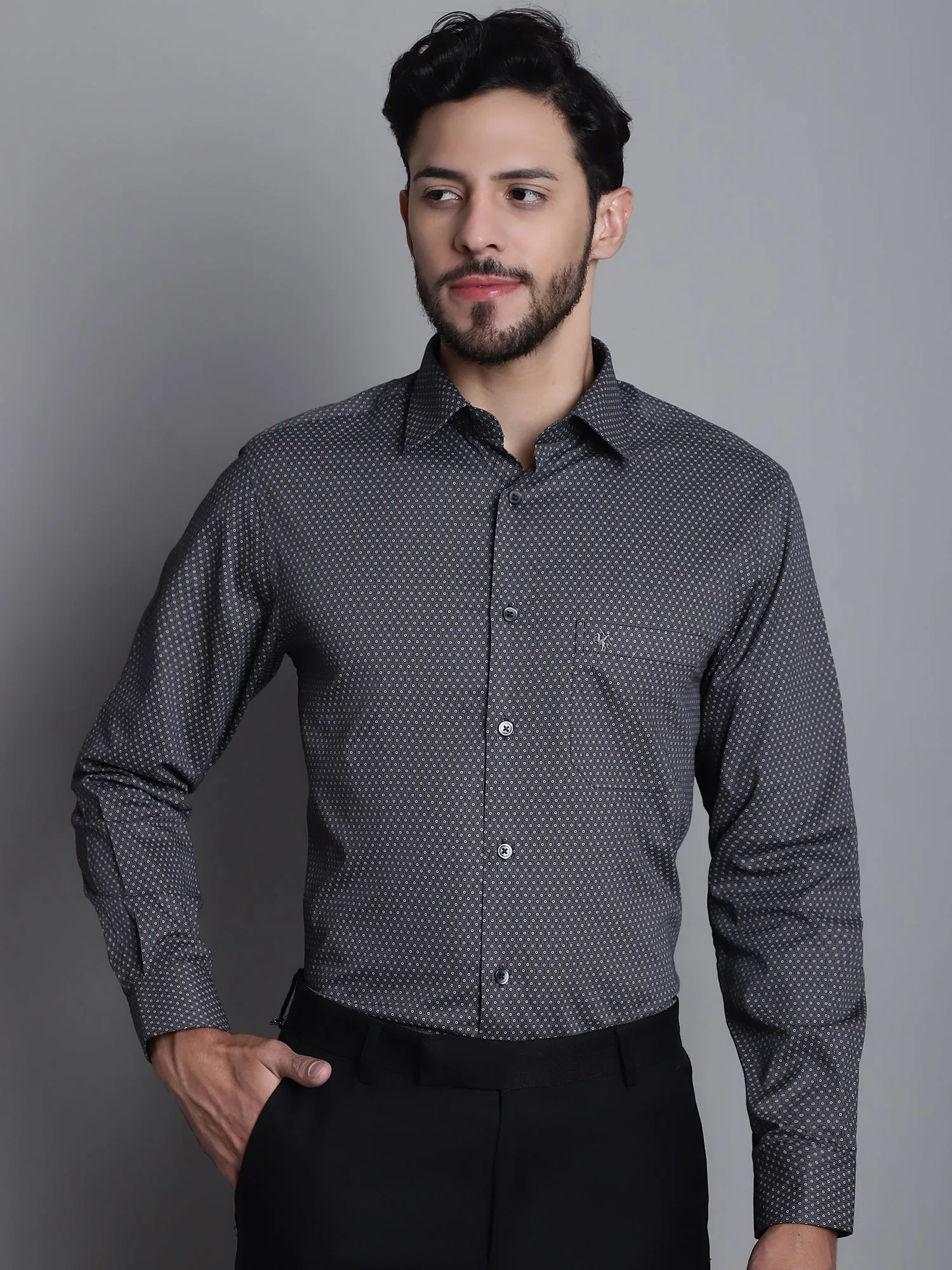 Cantabil Cotton Blend Printed Black Full Sleeve Party Wear Shirt for Men with Pocket