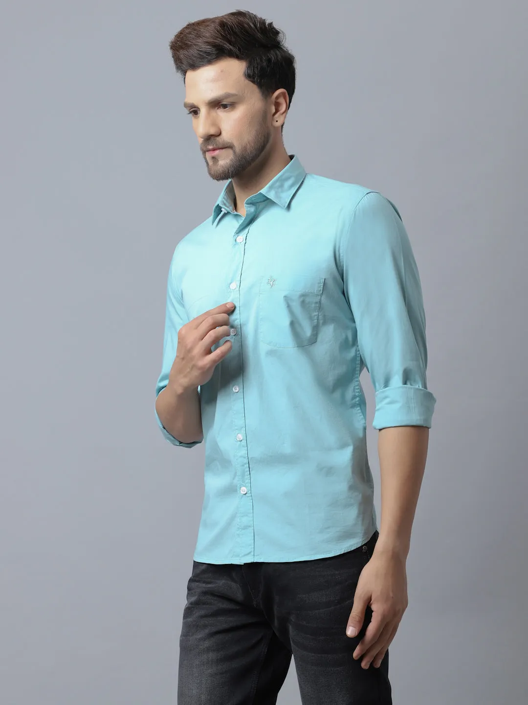 Cantabil Cotton Blend Solid Light Green Full Sleeve Casual Shirt for Men with Pocket