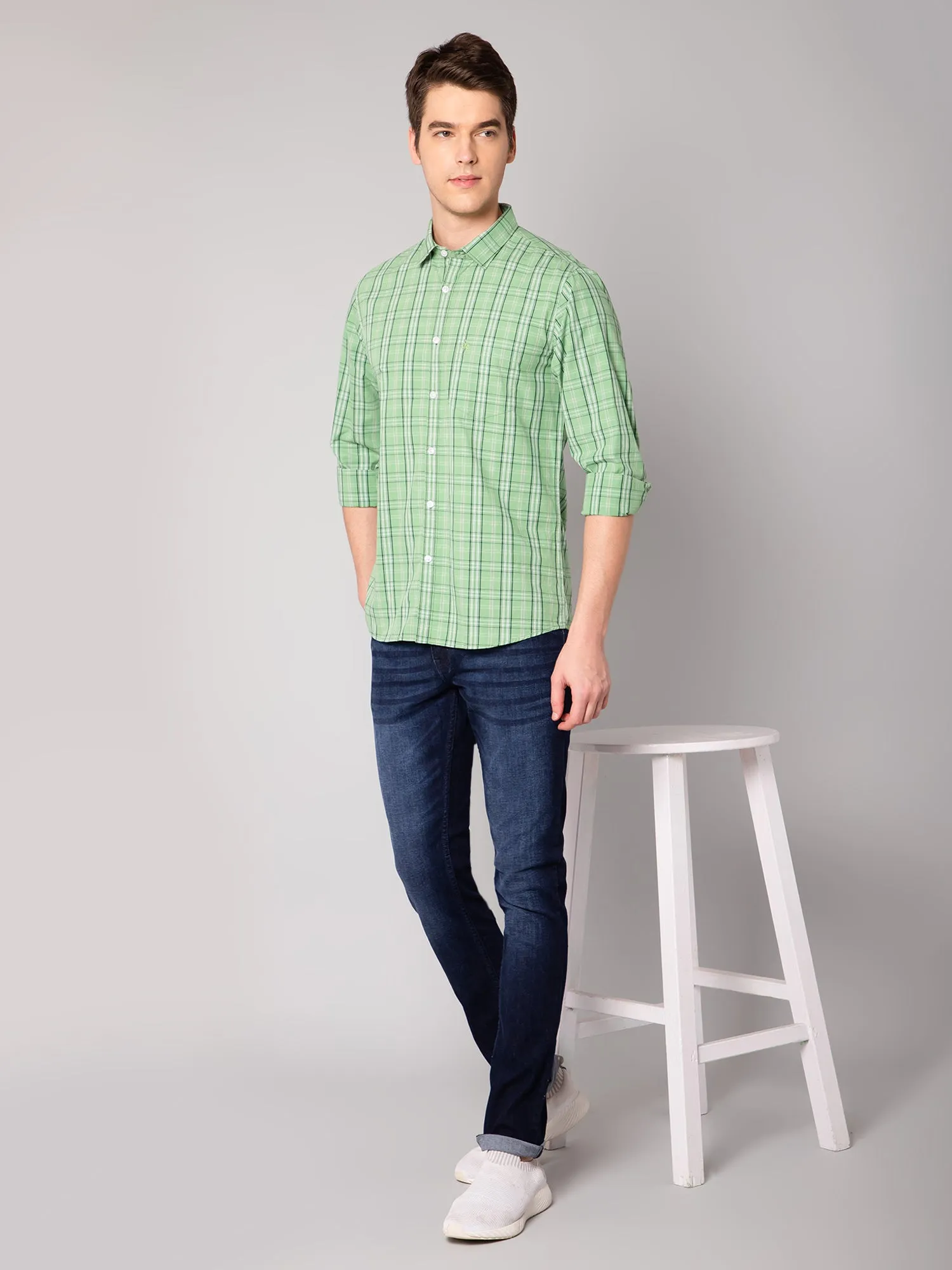 Cantabil Cotton Checkered Green Full Sleeve Casual Shirt for Men with Pocket