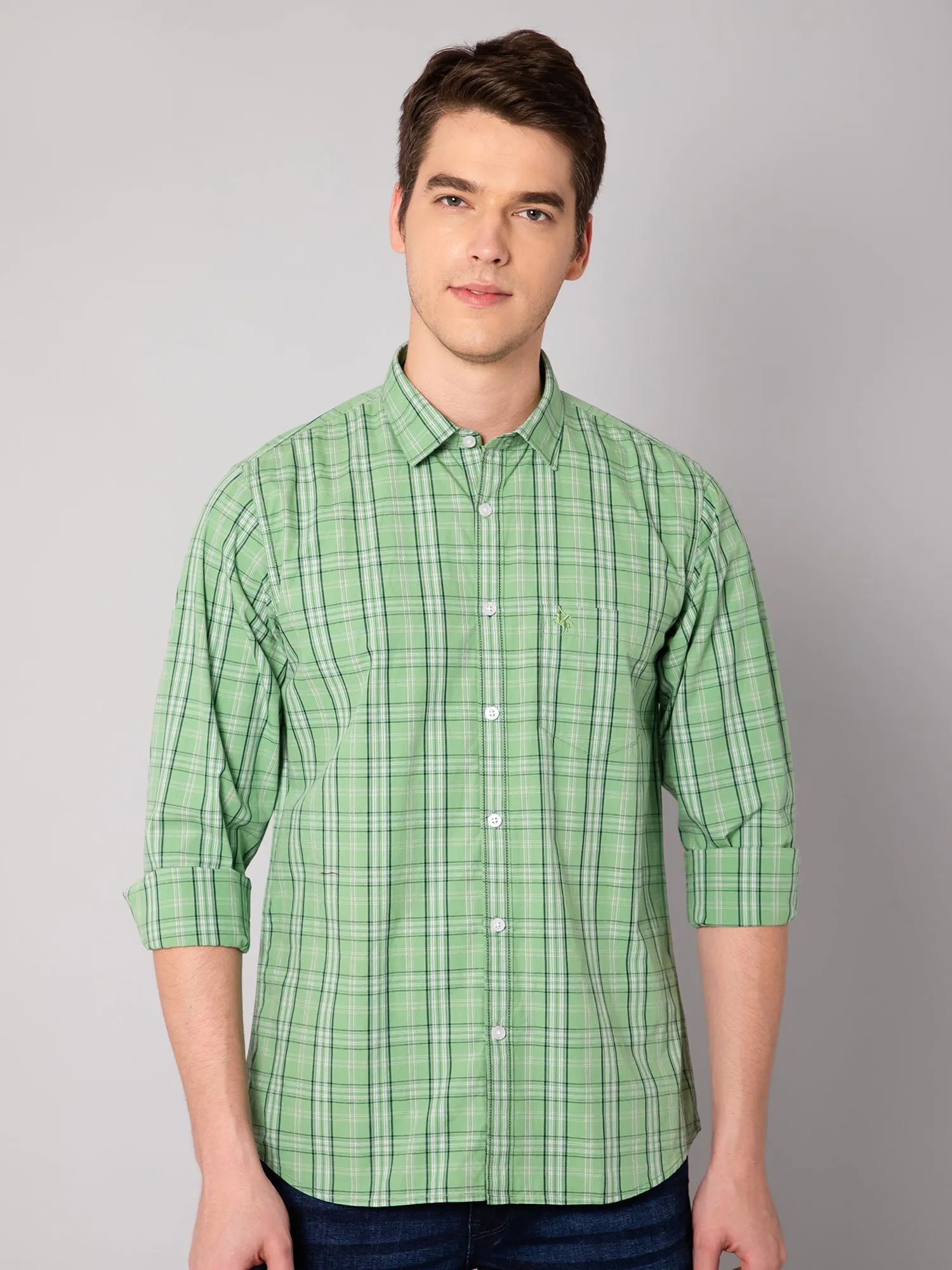 Cantabil Cotton Checkered Green Full Sleeve Casual Shirt for Men with Pocket