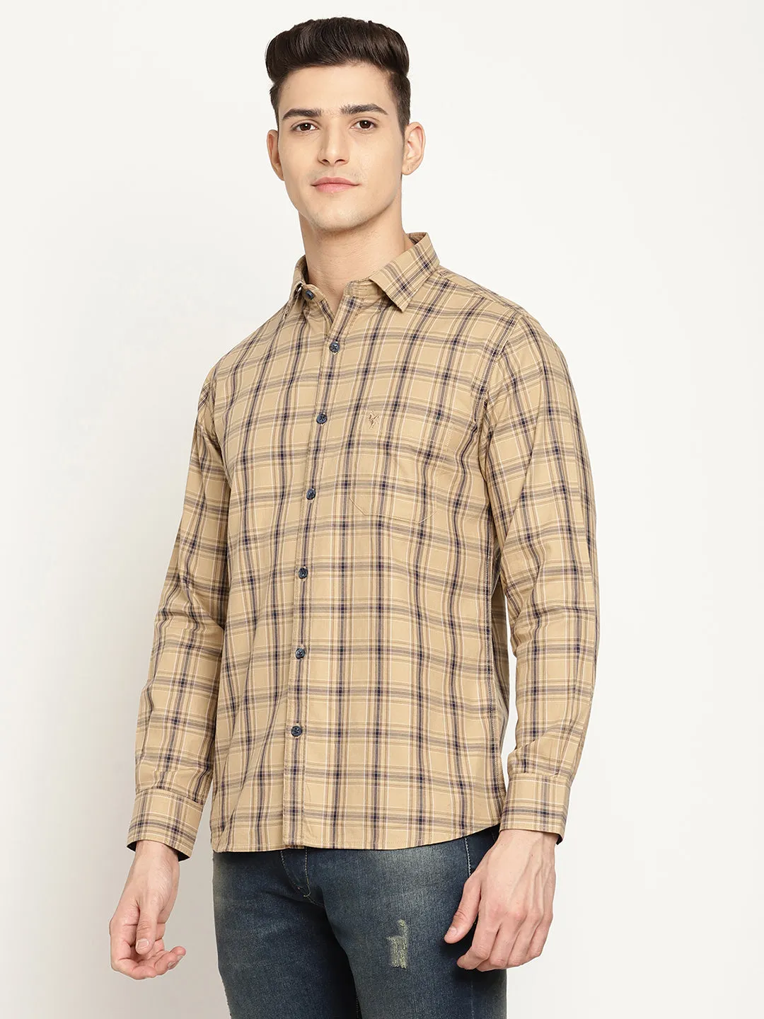 Cantabil Cotton Checkered Khaki Full Sleeve Casual Shirt for Men with Pocket