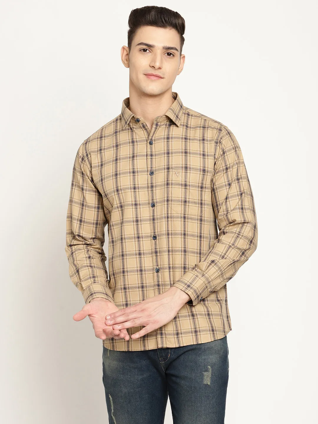 Cantabil Cotton Checkered Khaki Full Sleeve Casual Shirt for Men with Pocket