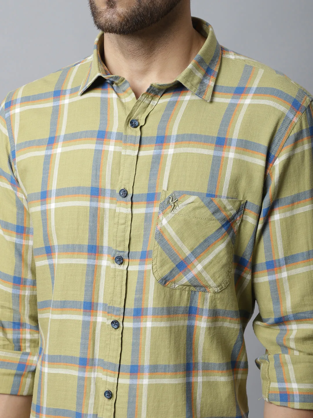 Cantabil Cotton Checkered Light Green Full Sleeve Casual Shirt for Men with Pocket