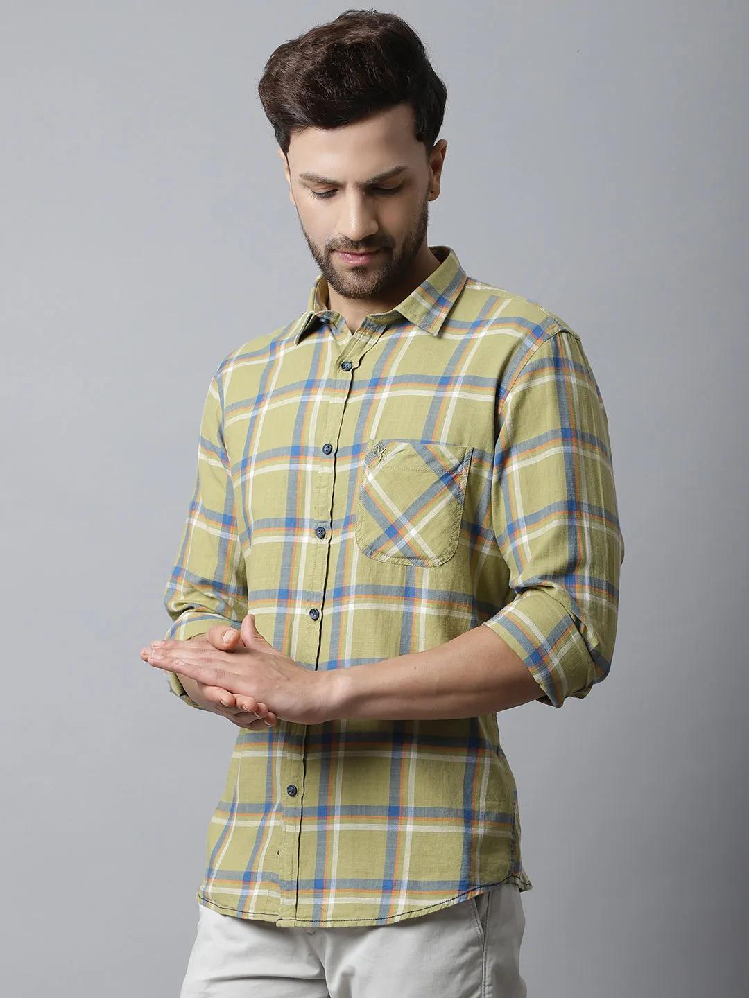 Cantabil Cotton Checkered Light Green Full Sleeve Casual Shirt for Men with Pocket